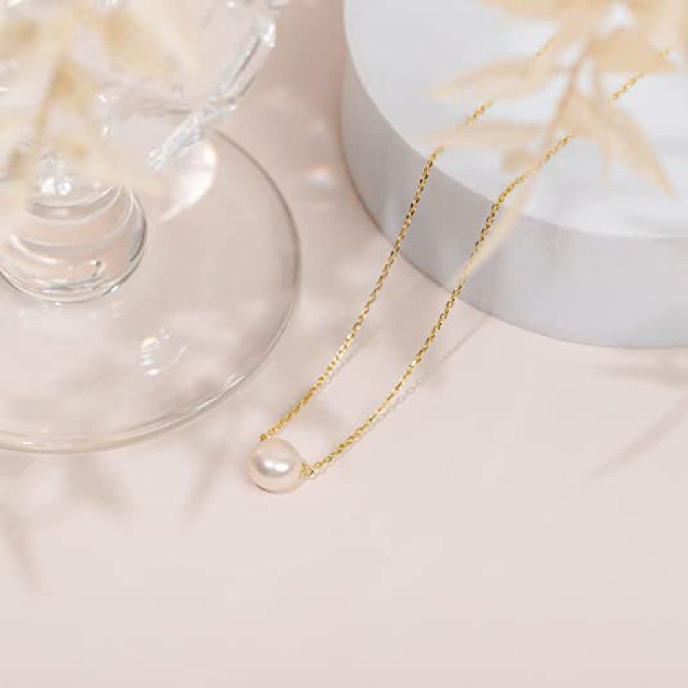 New Sterling Silver Floating Freshwater Pearl Necklace Dainty Single Pearl Gift